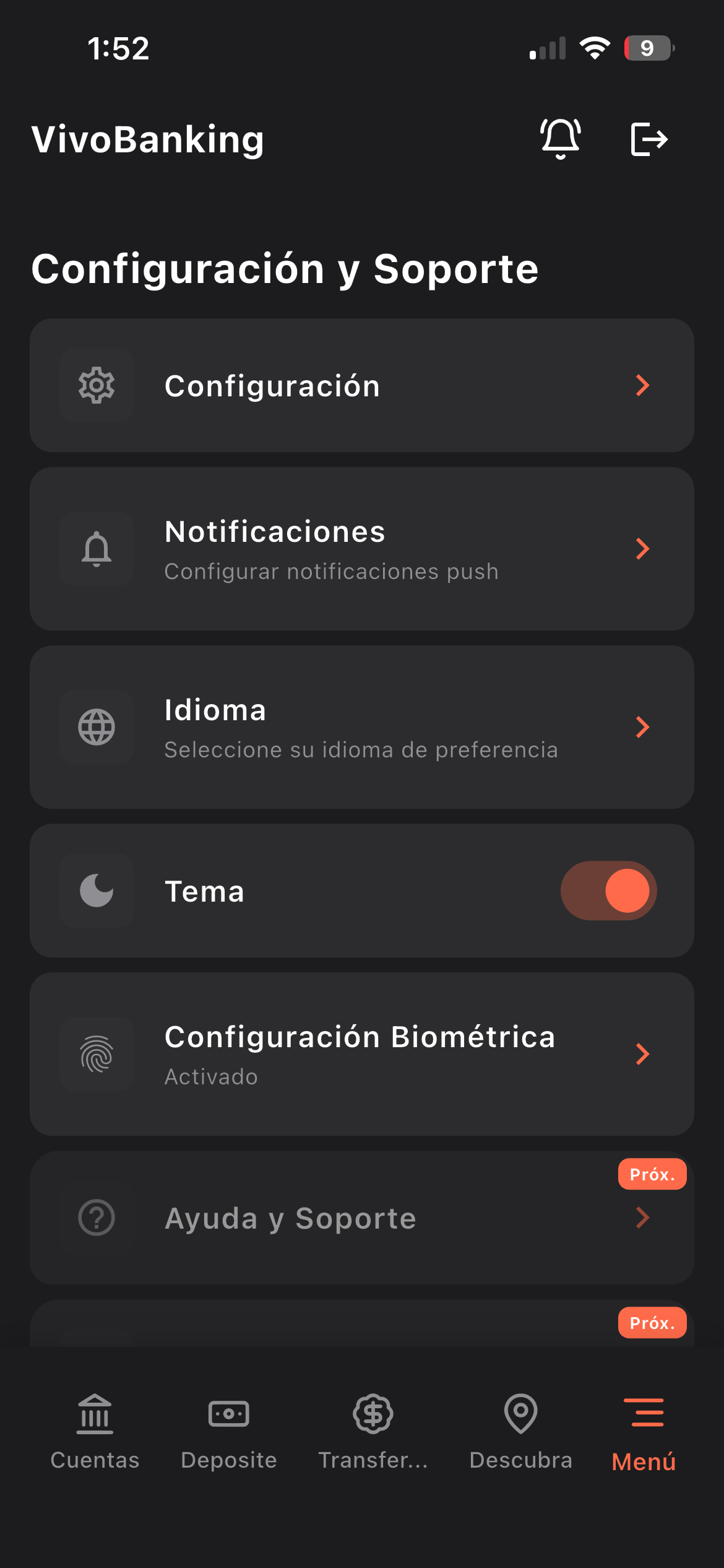 VivoBanking · pantalla de configuración de la app