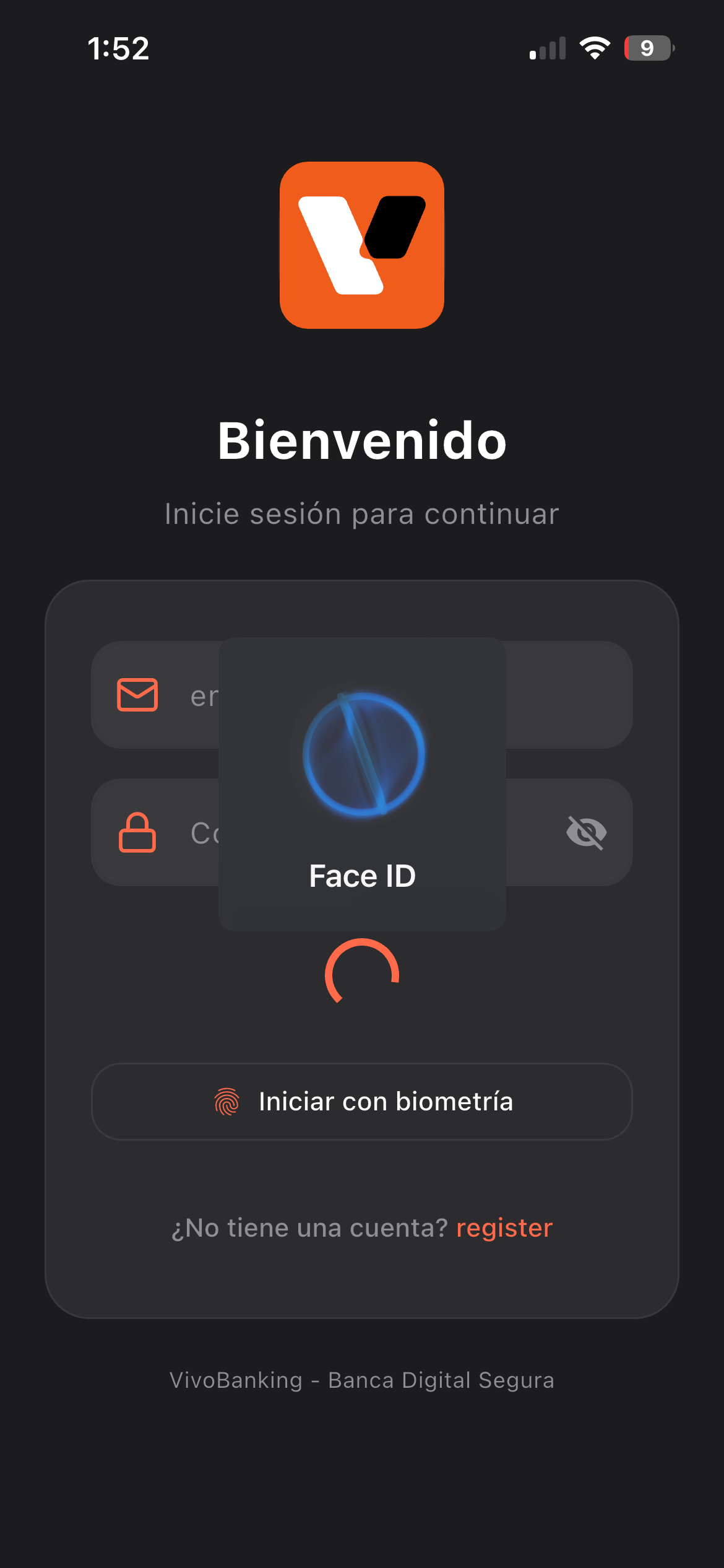 VivoBanking · acceso con autenticación biométrica
