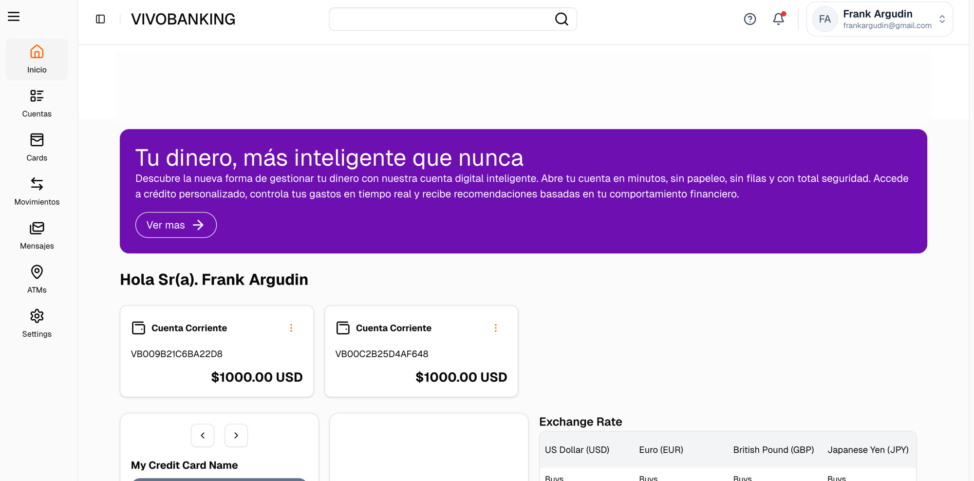 Banca web VivoBanking — panel principal
